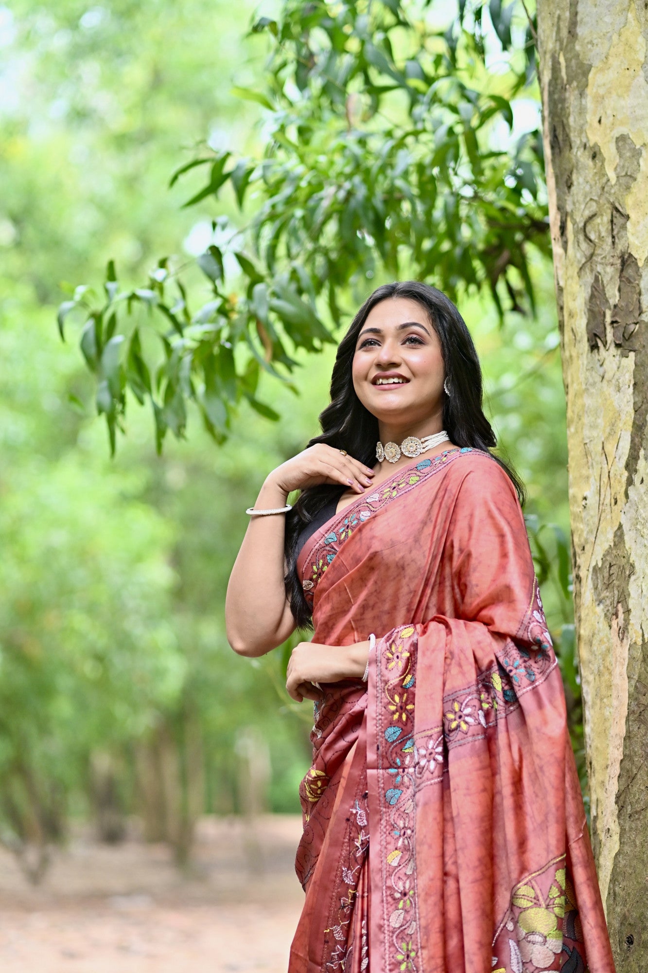 JAYA Blended Silk Kantha Stitch Saree Rust Thumbnail