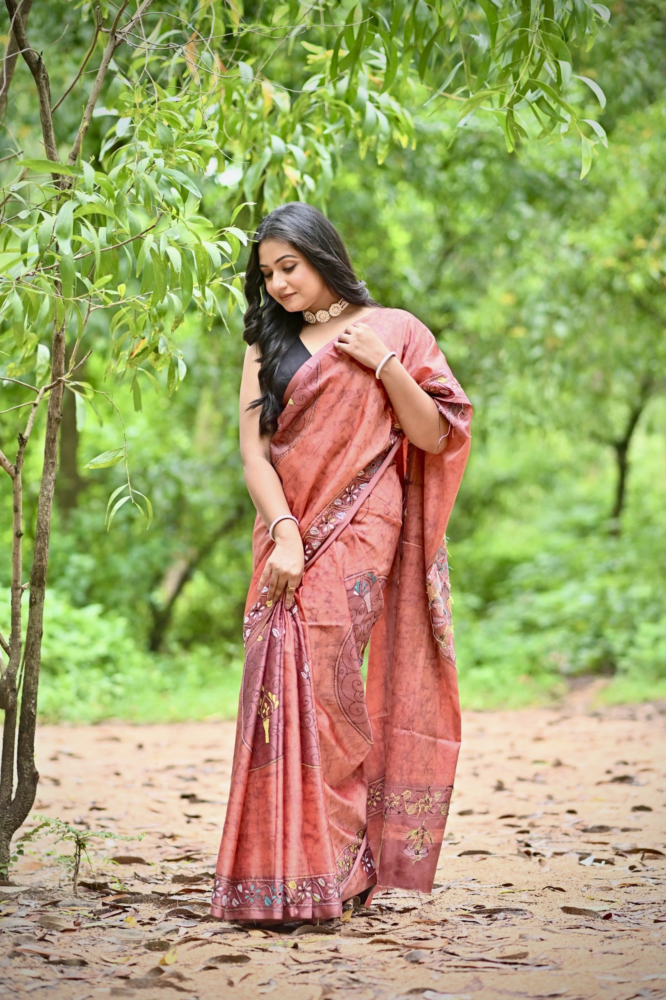JAYA Blended Silk Kantha Stitch Saree Rust Thumbnail