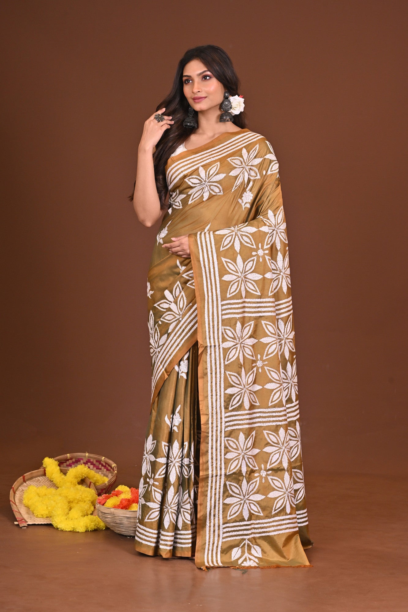 KAASHKUSUM Blended Silk Kantha Stitch Saree Mustard Yellow Thumbnail