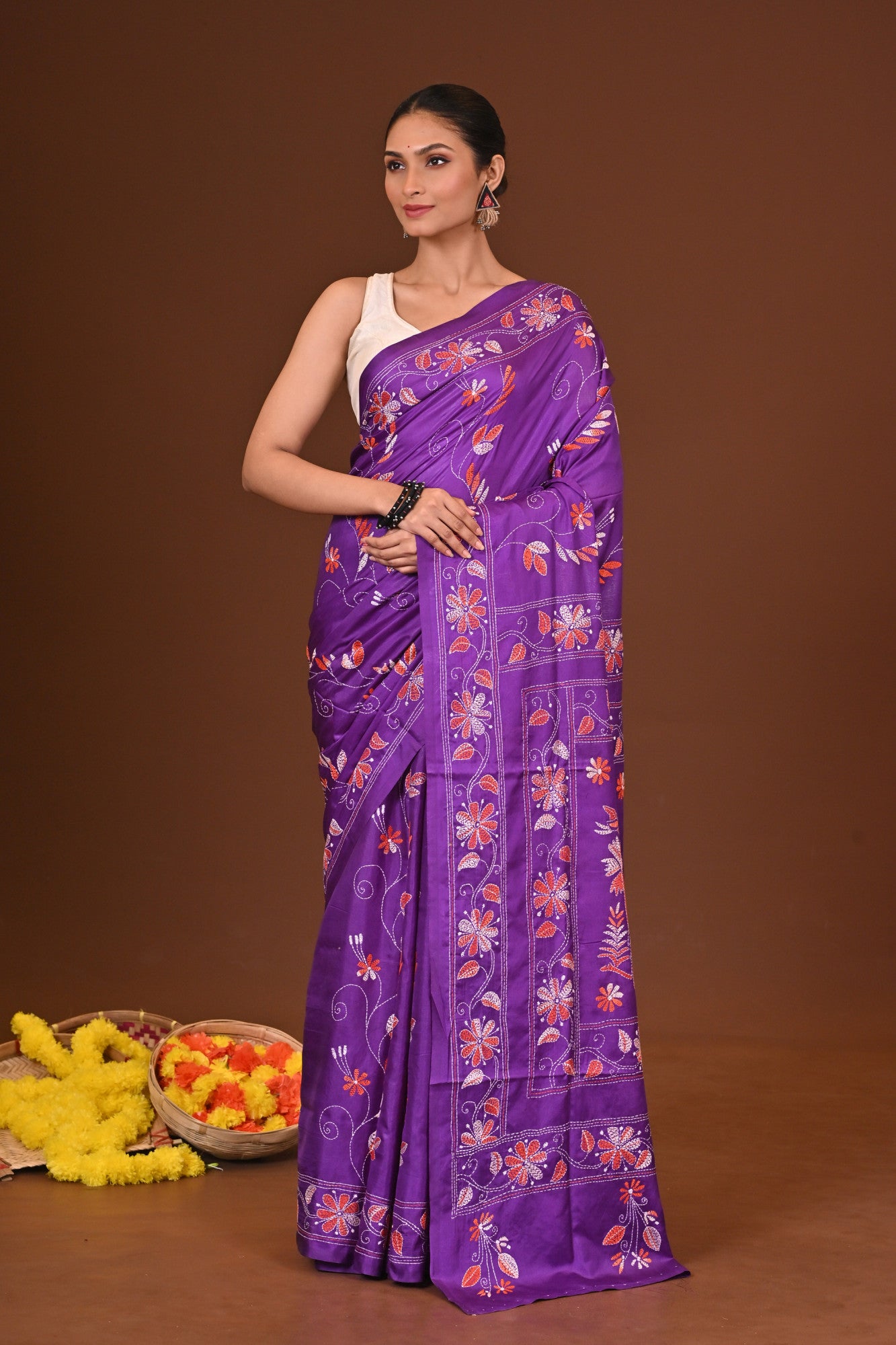 KALPANA Blended Silk Kantha Stitch Saree Purple