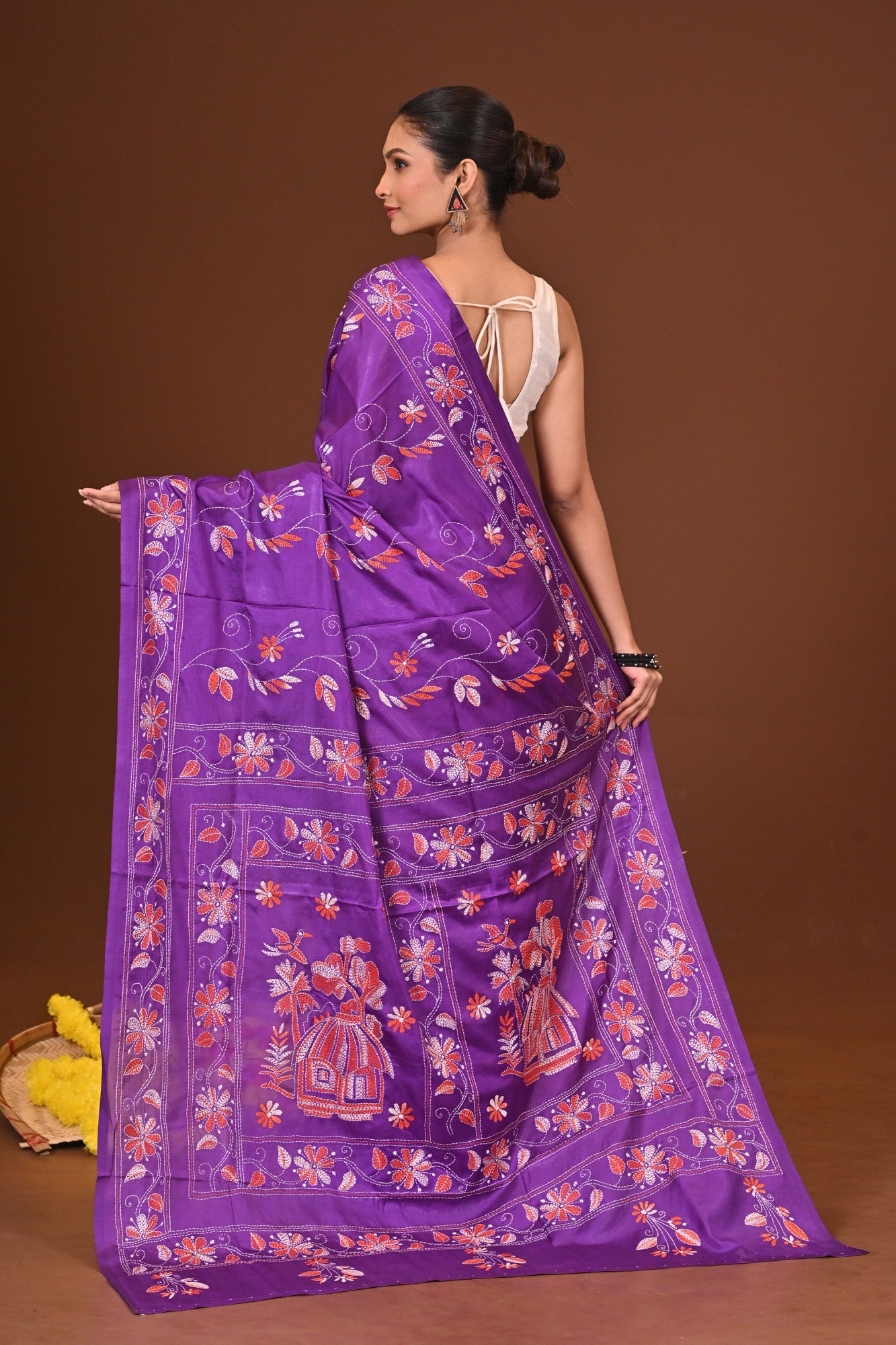 KALPANA Blended Silk Kantha Stitch Saree Purple Thumbnail