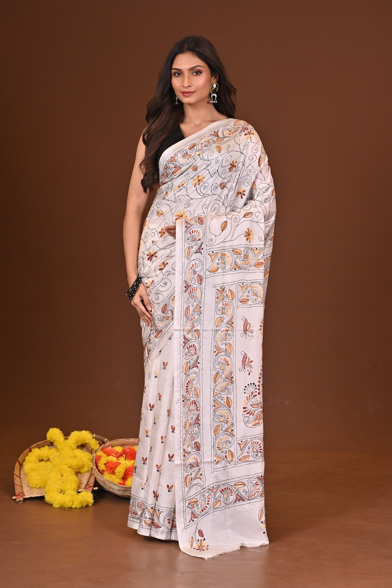 Kumari Blended Silk Kantha Saree White