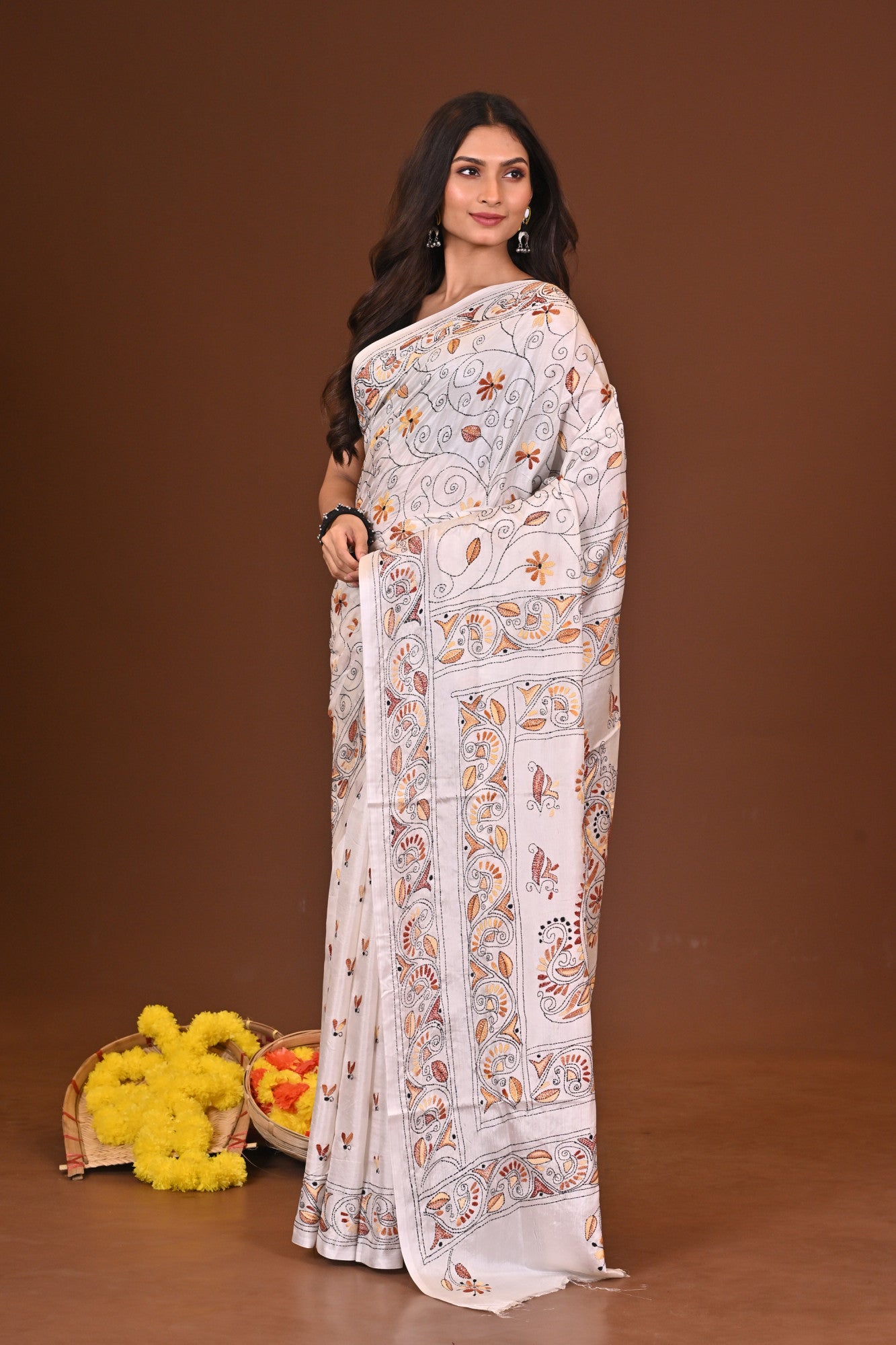 Kumari Blended Silk Kantha Saree White Thumbnail