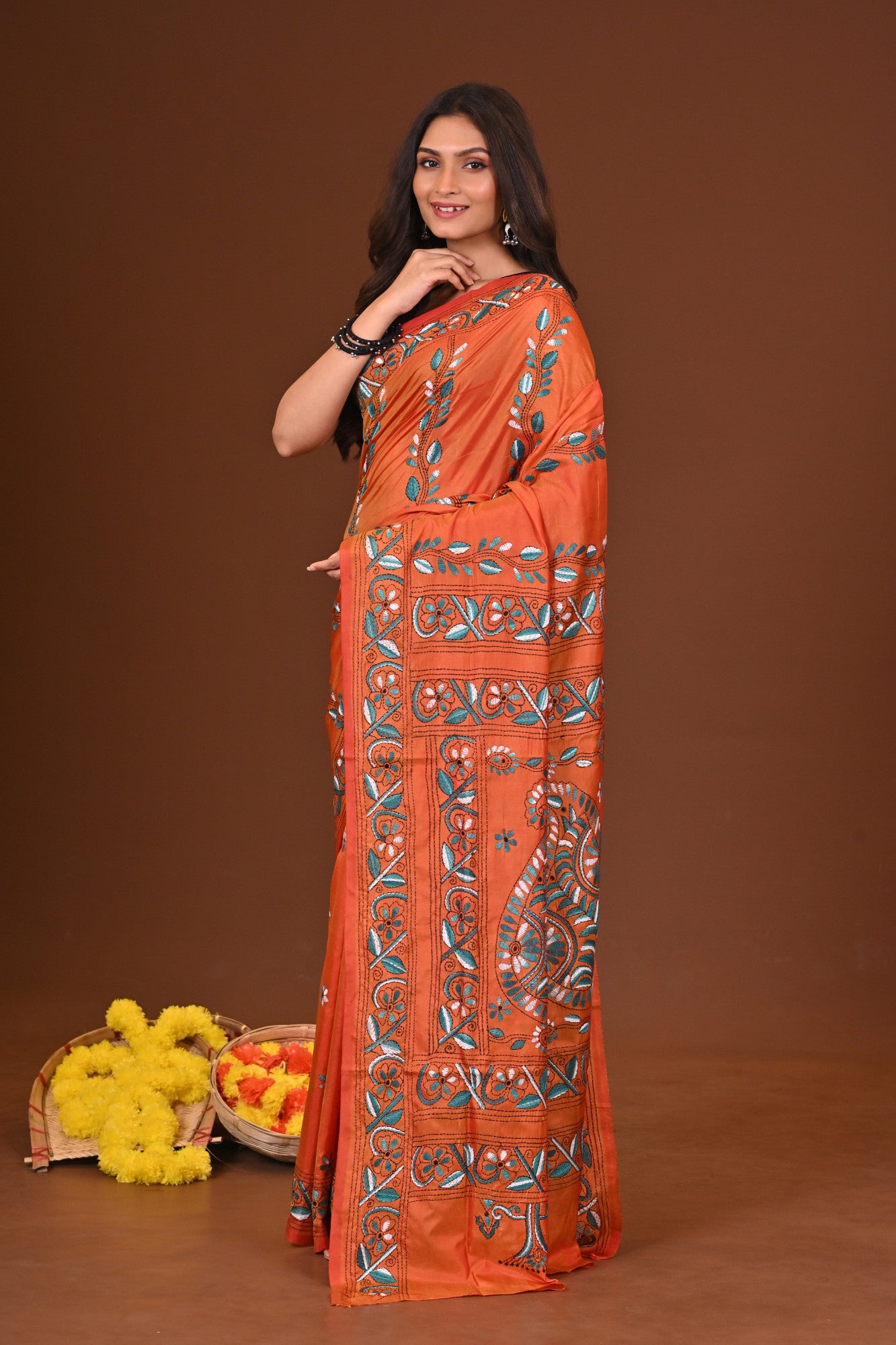 Kusumika Blended Silk Kantha Saree Rust Thumbnail