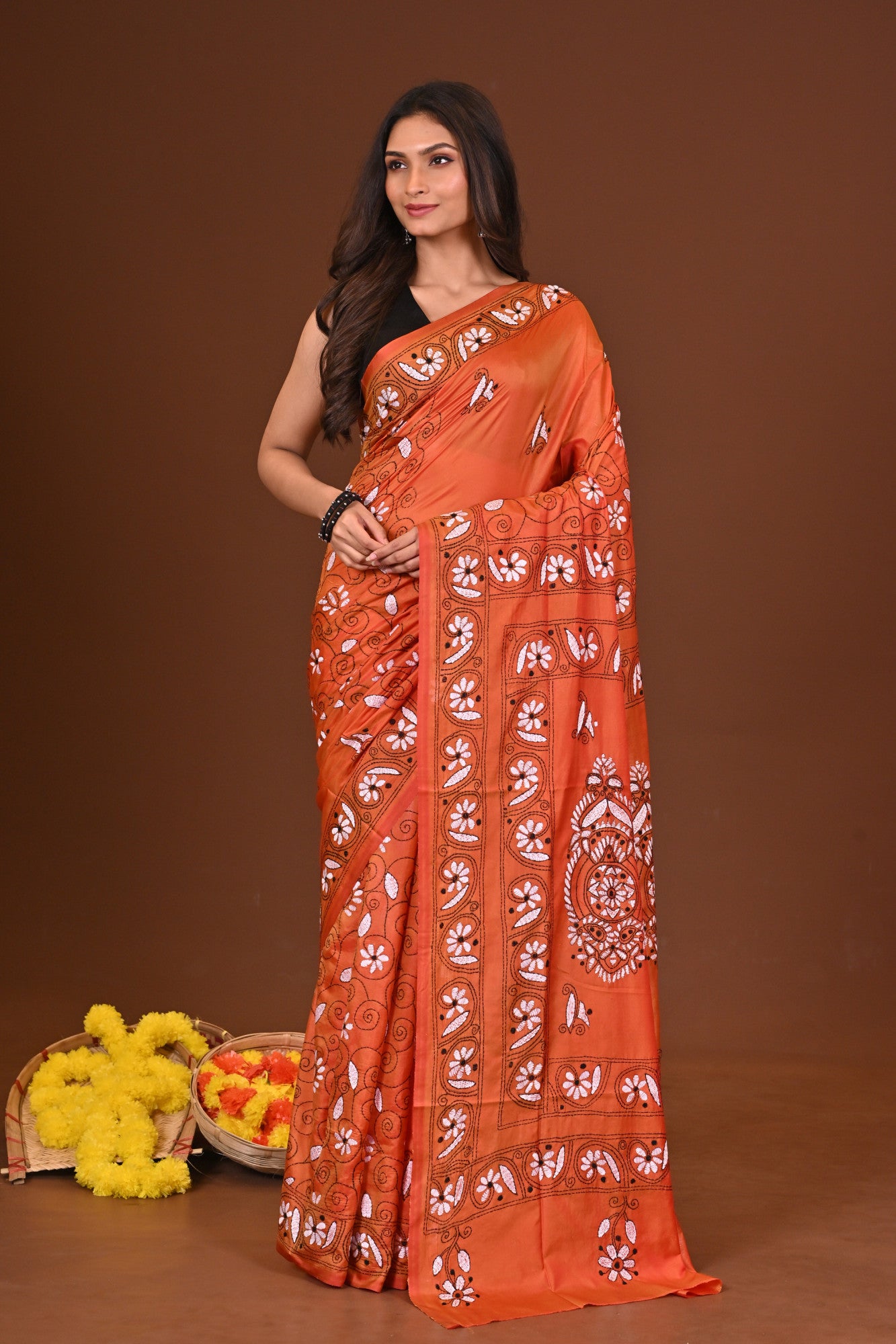 Prajwala Blended Silk Kantha Saree Rust Thumbnail