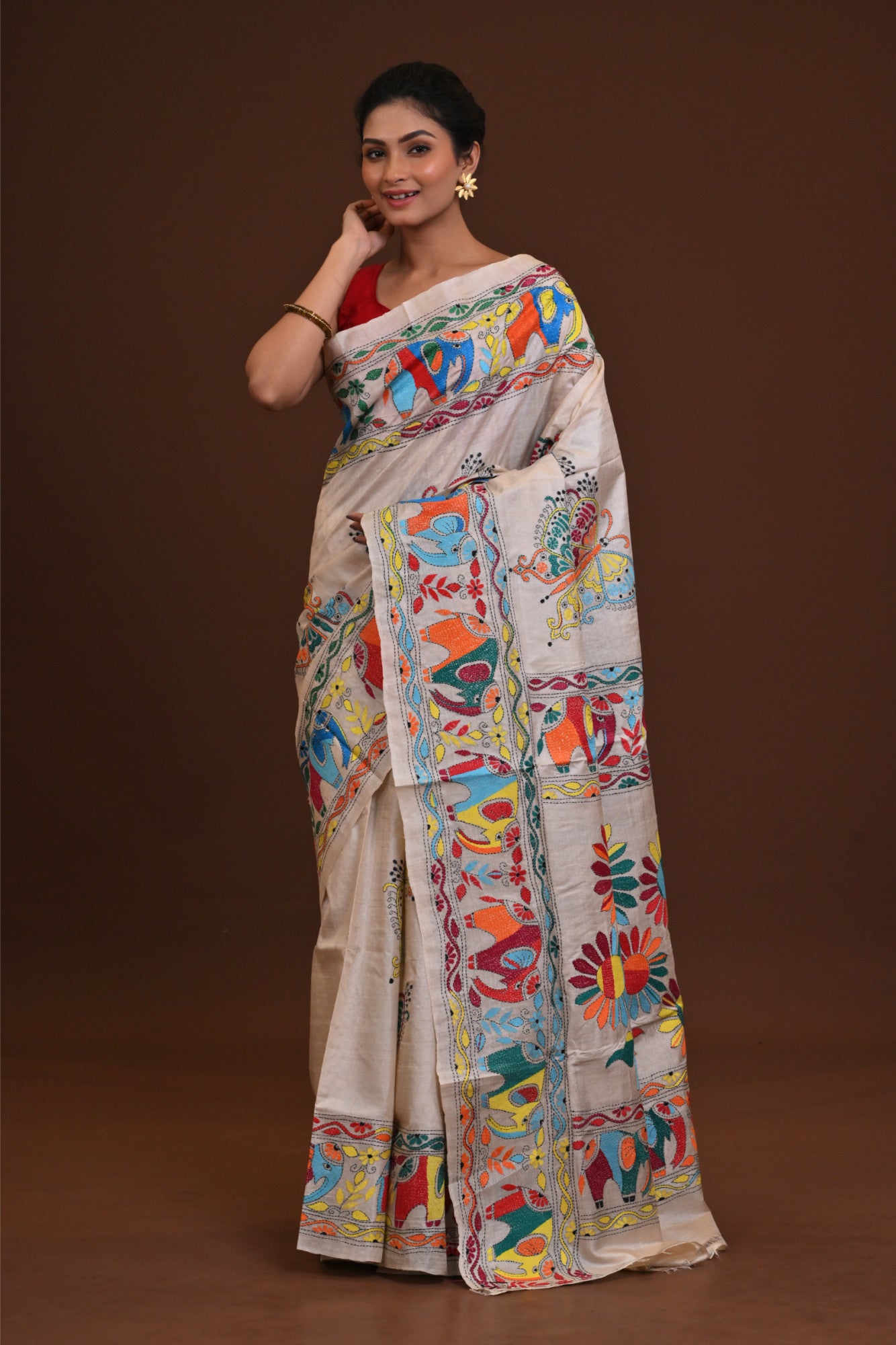 Pure Silk Kantha Stitch Saree