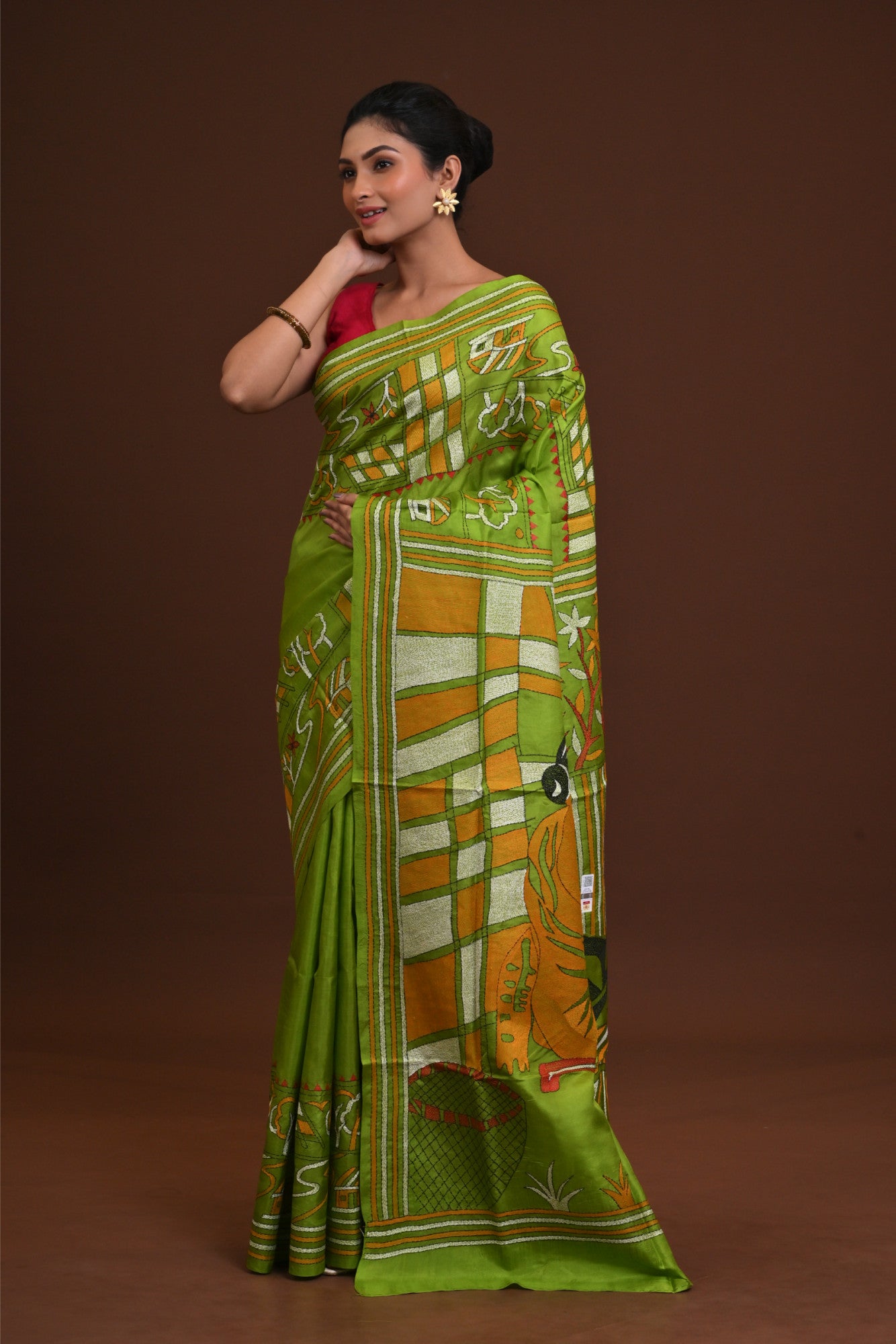 Pure Silk Kantha Stitch Saree Green Thumbnail
