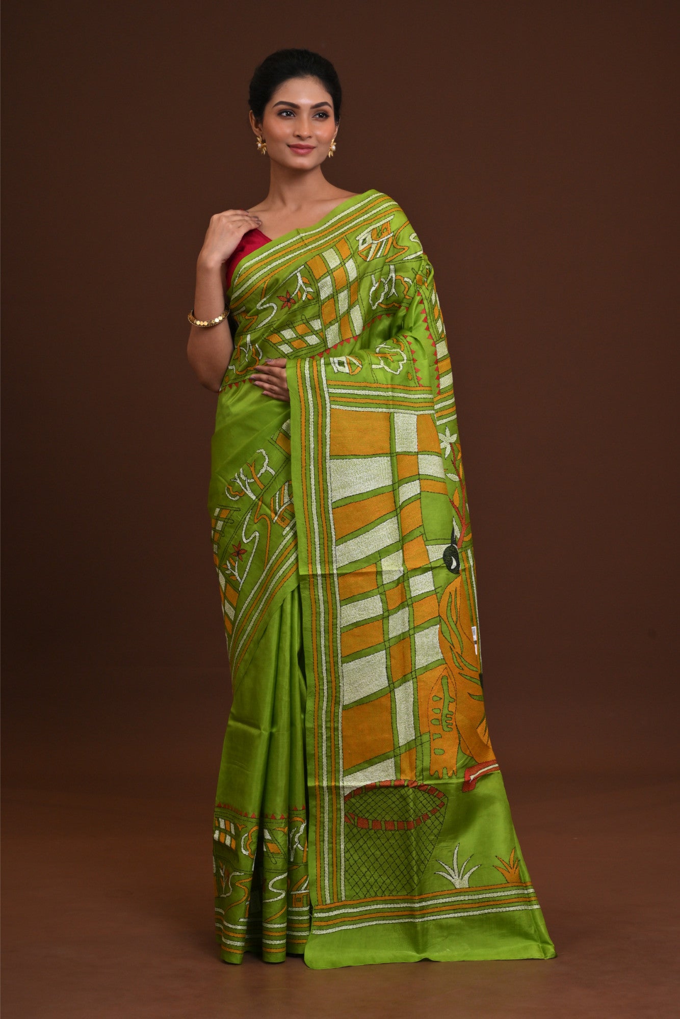 Pure Silk Kantha Stitch Saree Green Thumbnail