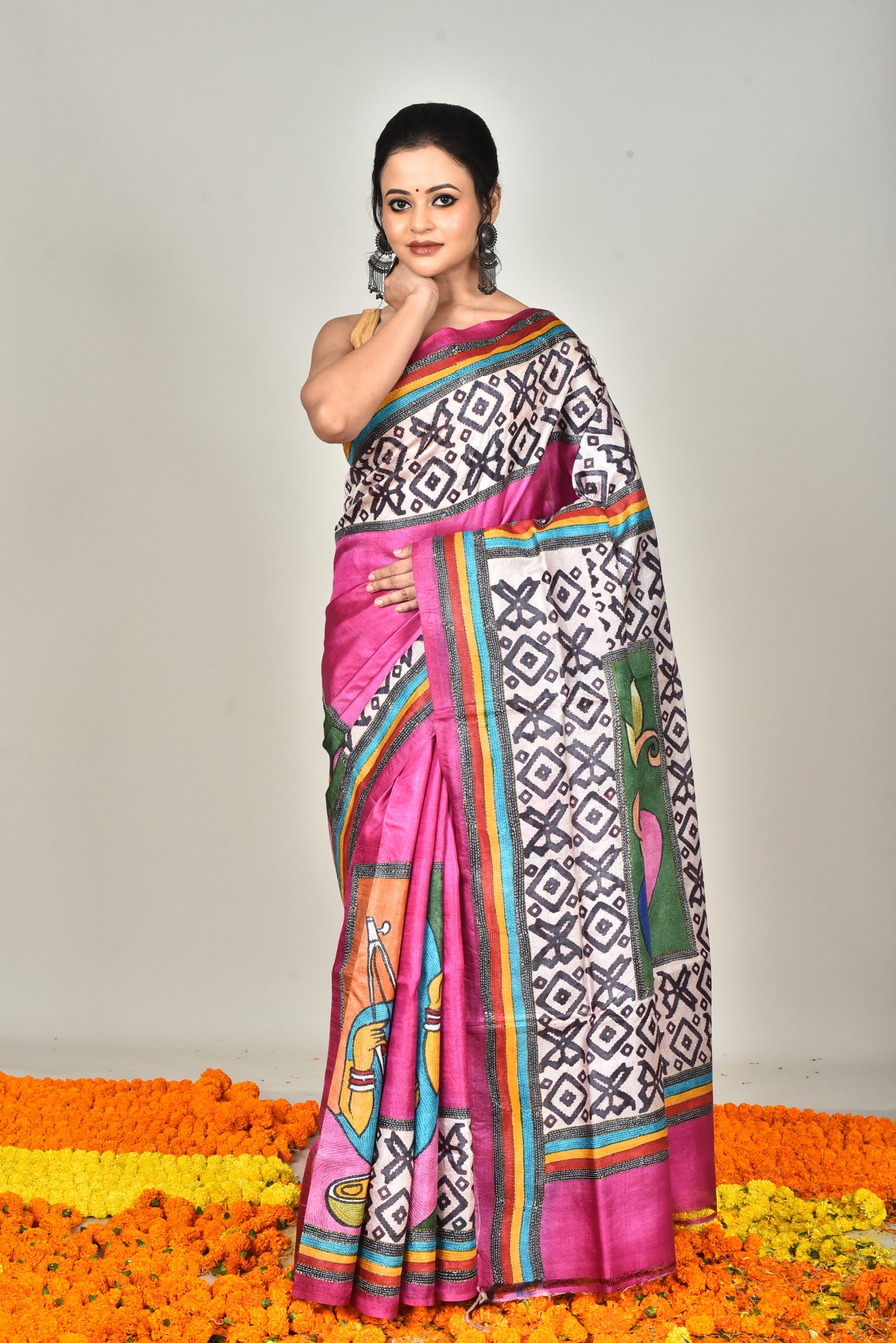 TUSSAR BLOCK HANDPRINT KANTHA SAREE