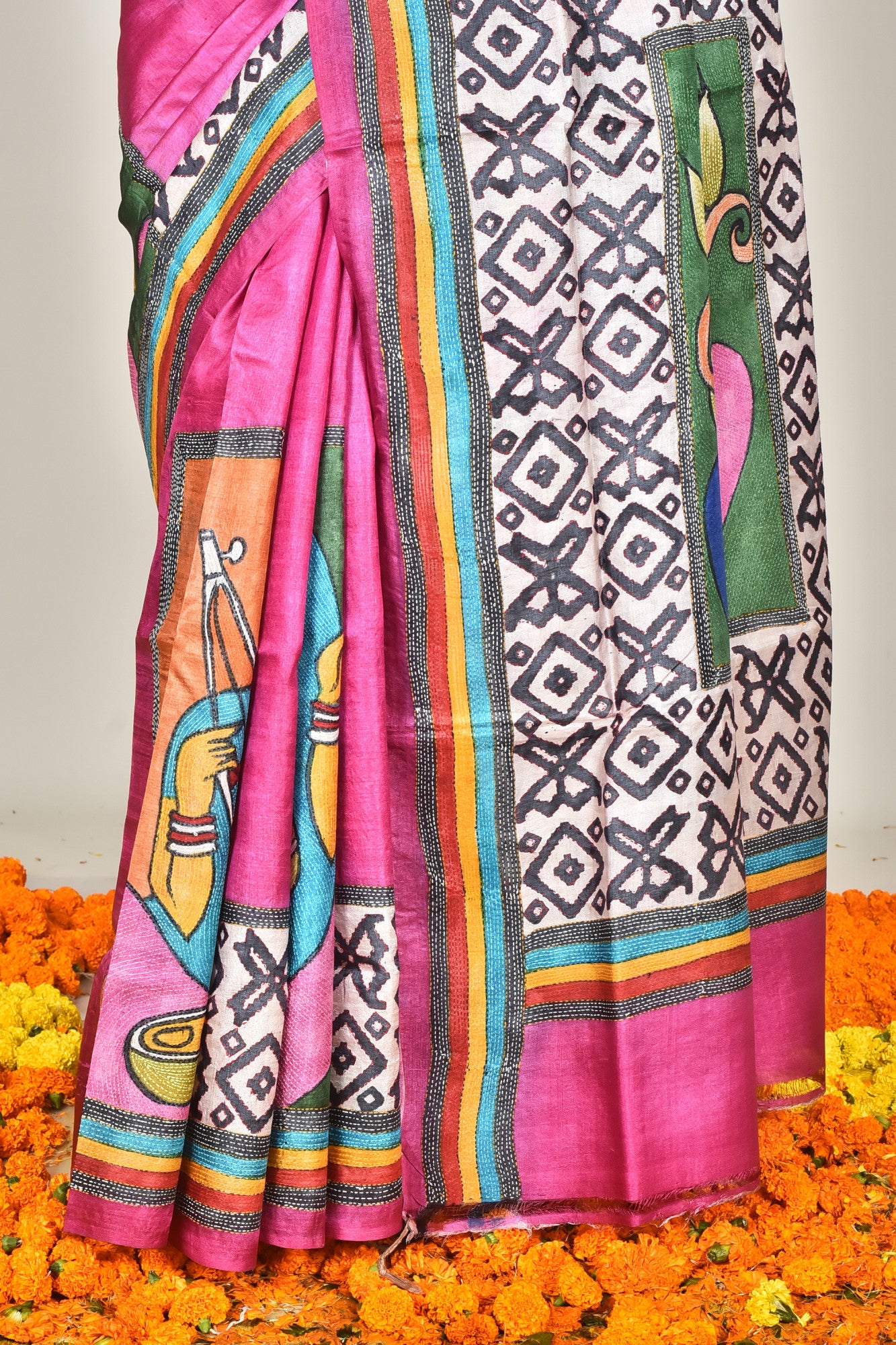 TUSSAR BLOCK HANDPRINT KANTHA SAREE Thumbnail