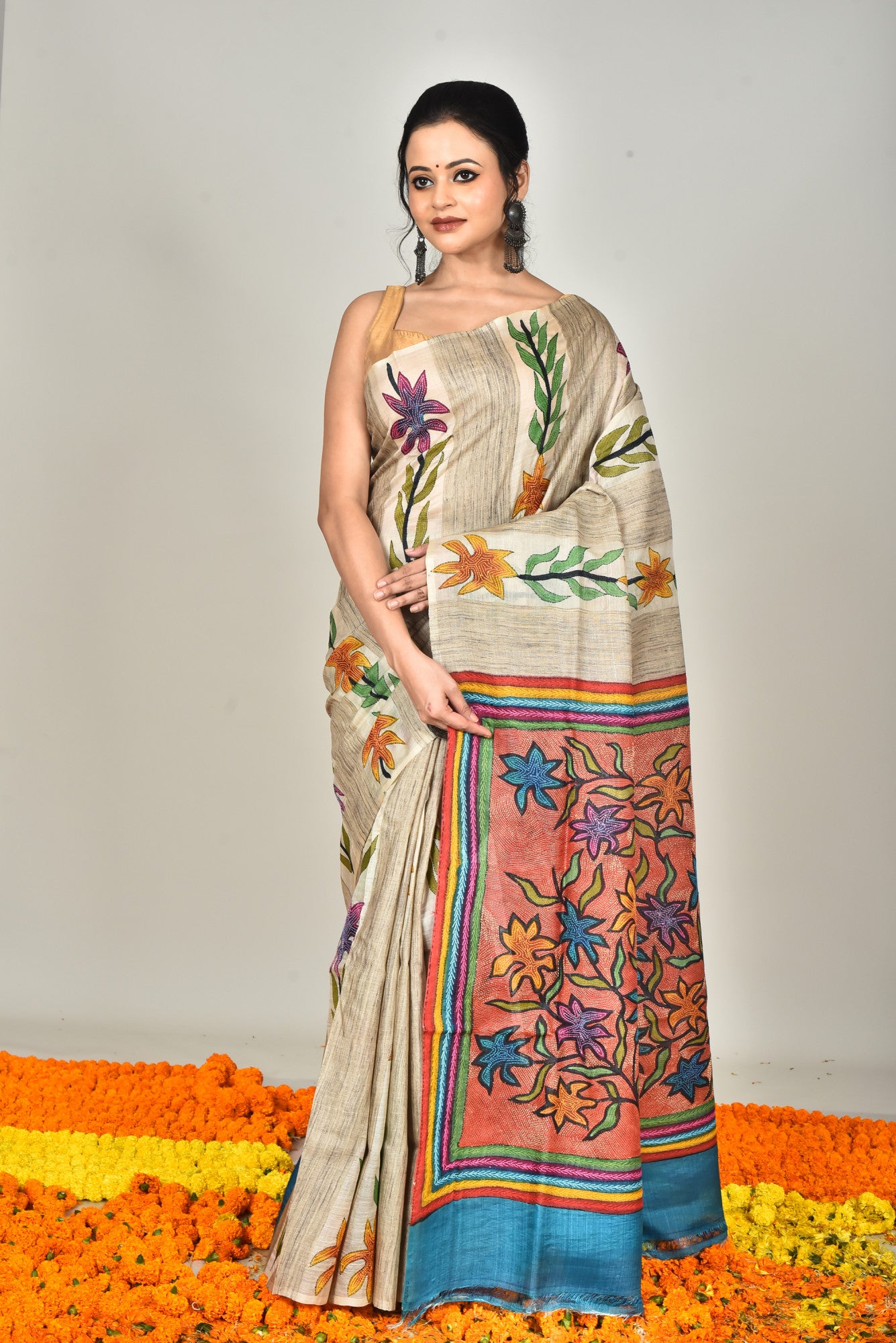 TUSSAR BLOCK HANDPRINT SAREE