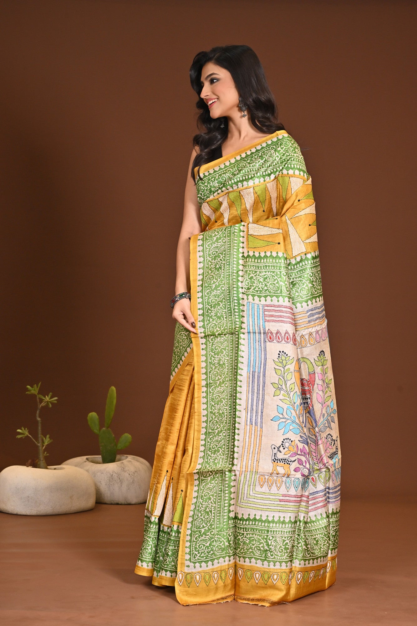TUSSAR DYE BLOCK KANTHA SAREE Thumbnail