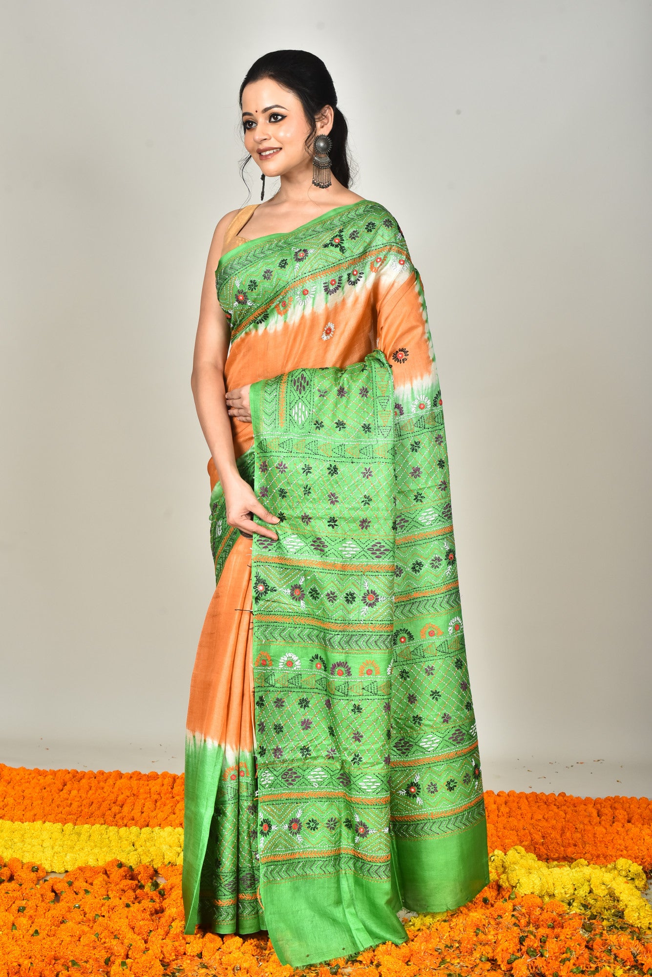Tussar Dye Lambani Kantha Stitch Saree Thumbnail