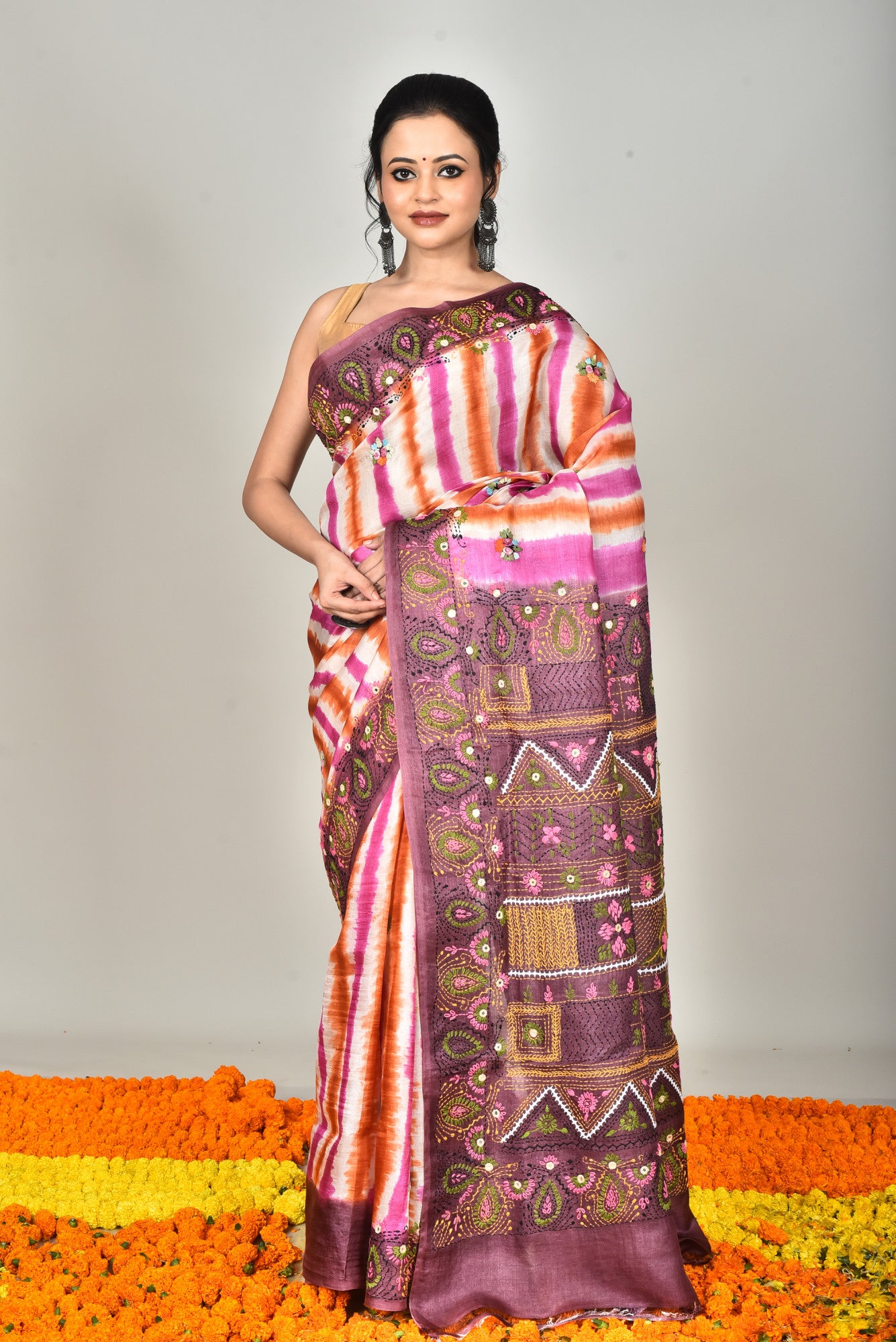 Tussar Dye Lambani Silk Kantha Saree Multicolor