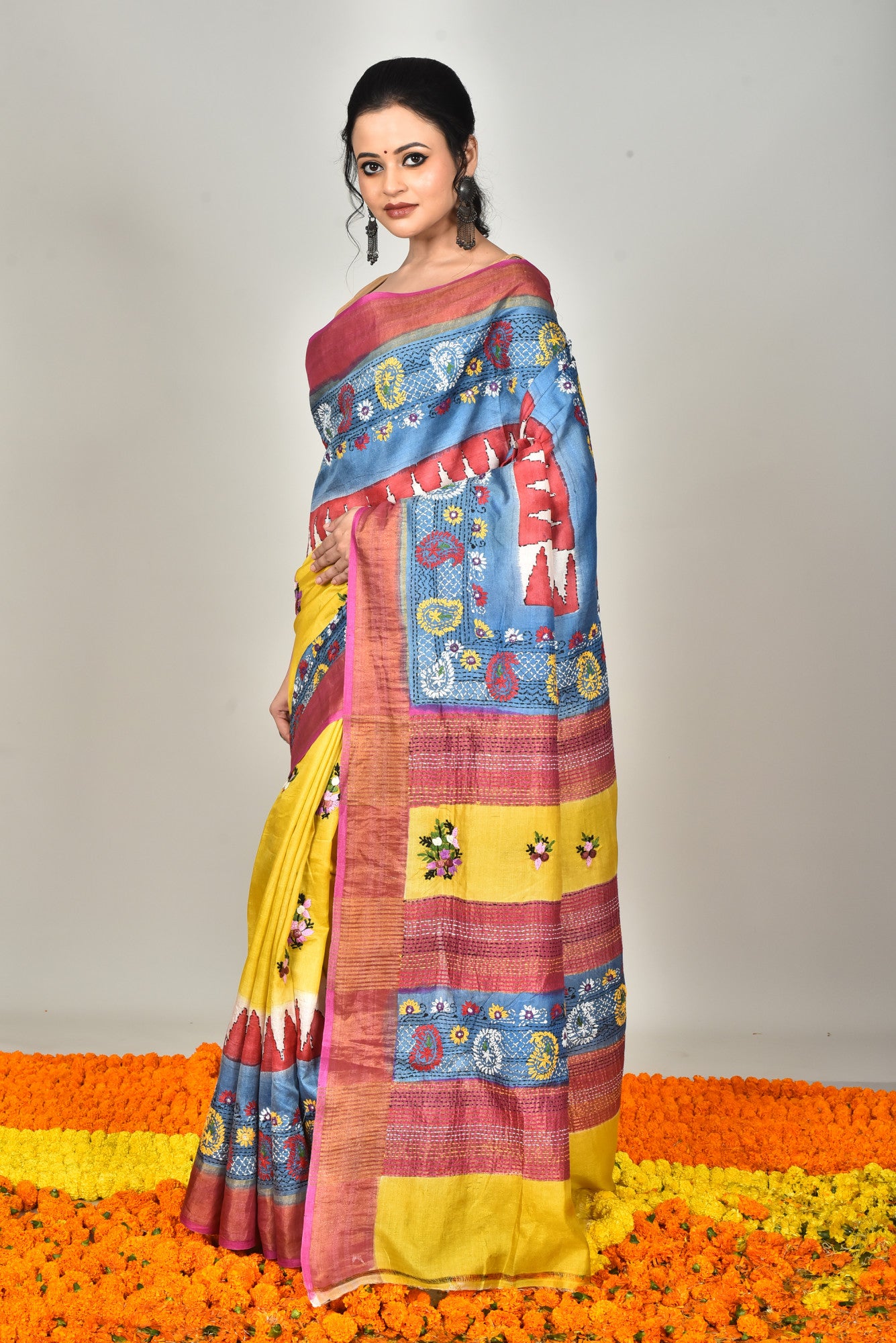 Tussar Dye Lambani Silk Kantha Saree Multicolor Thumbnail