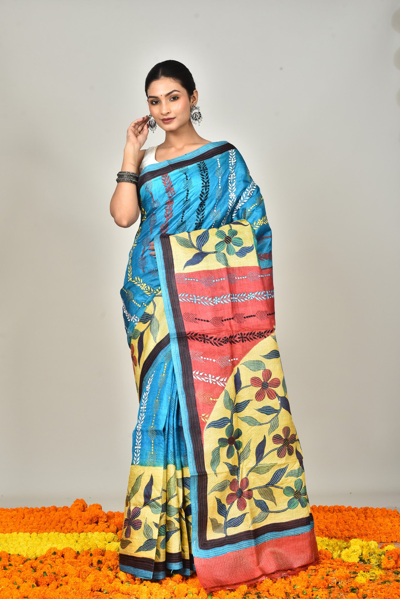 Tussar Hand Print Kantha Saree Multicolor