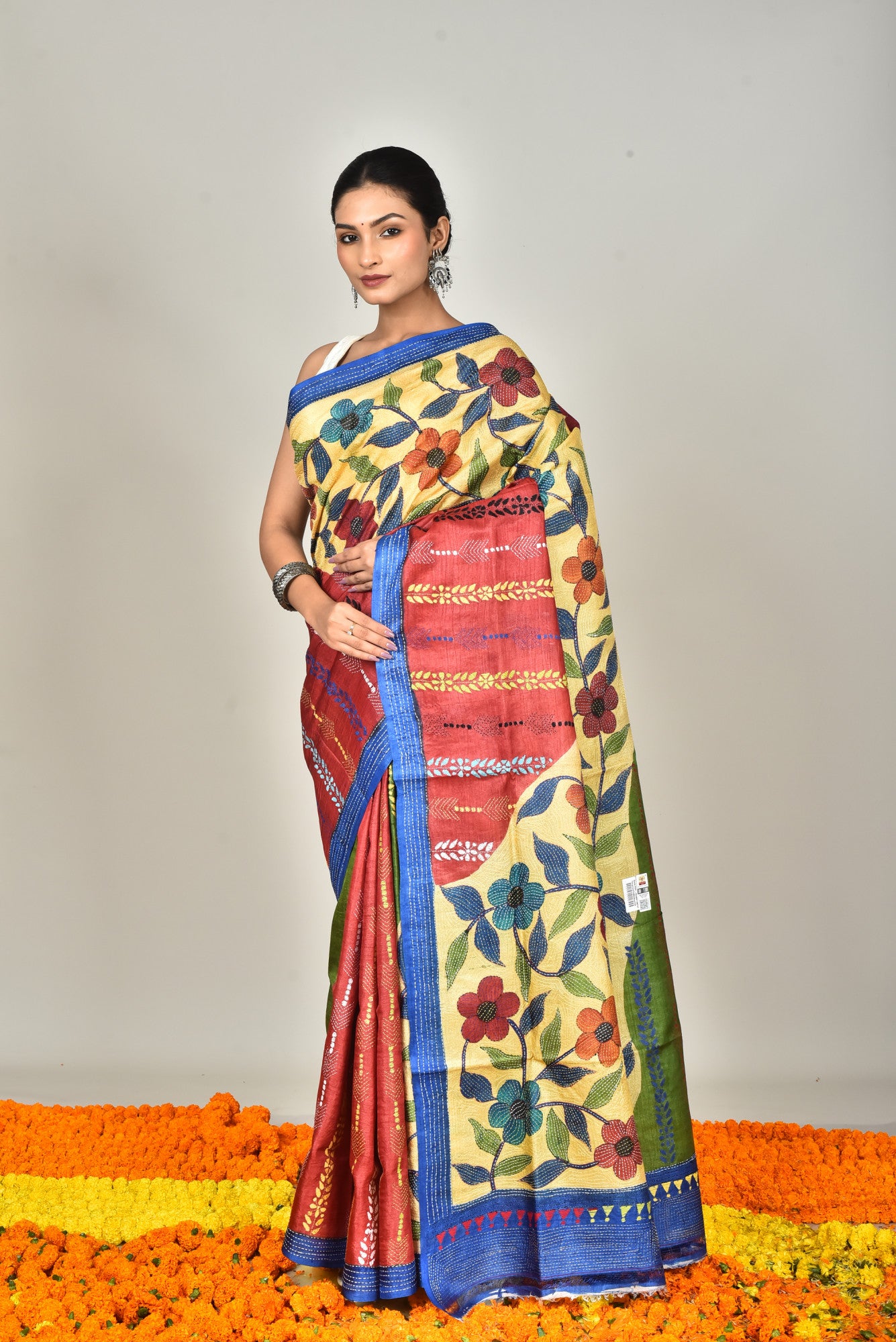Tussar Hand Print Kantha Saree Multicolor Thumbnail