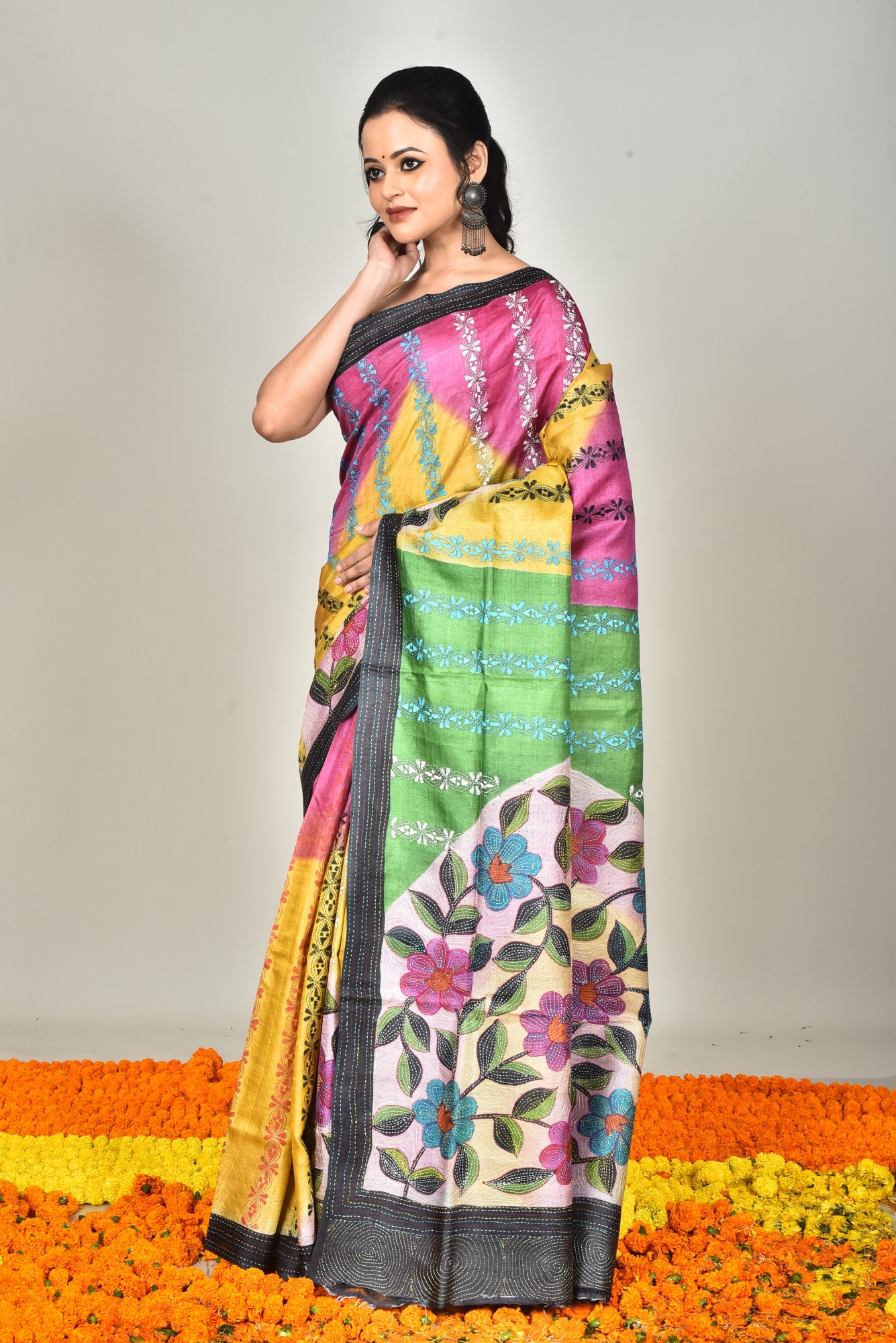 Tussar Hand Print Kantha Stitch Saree Multicolor Thumbnail