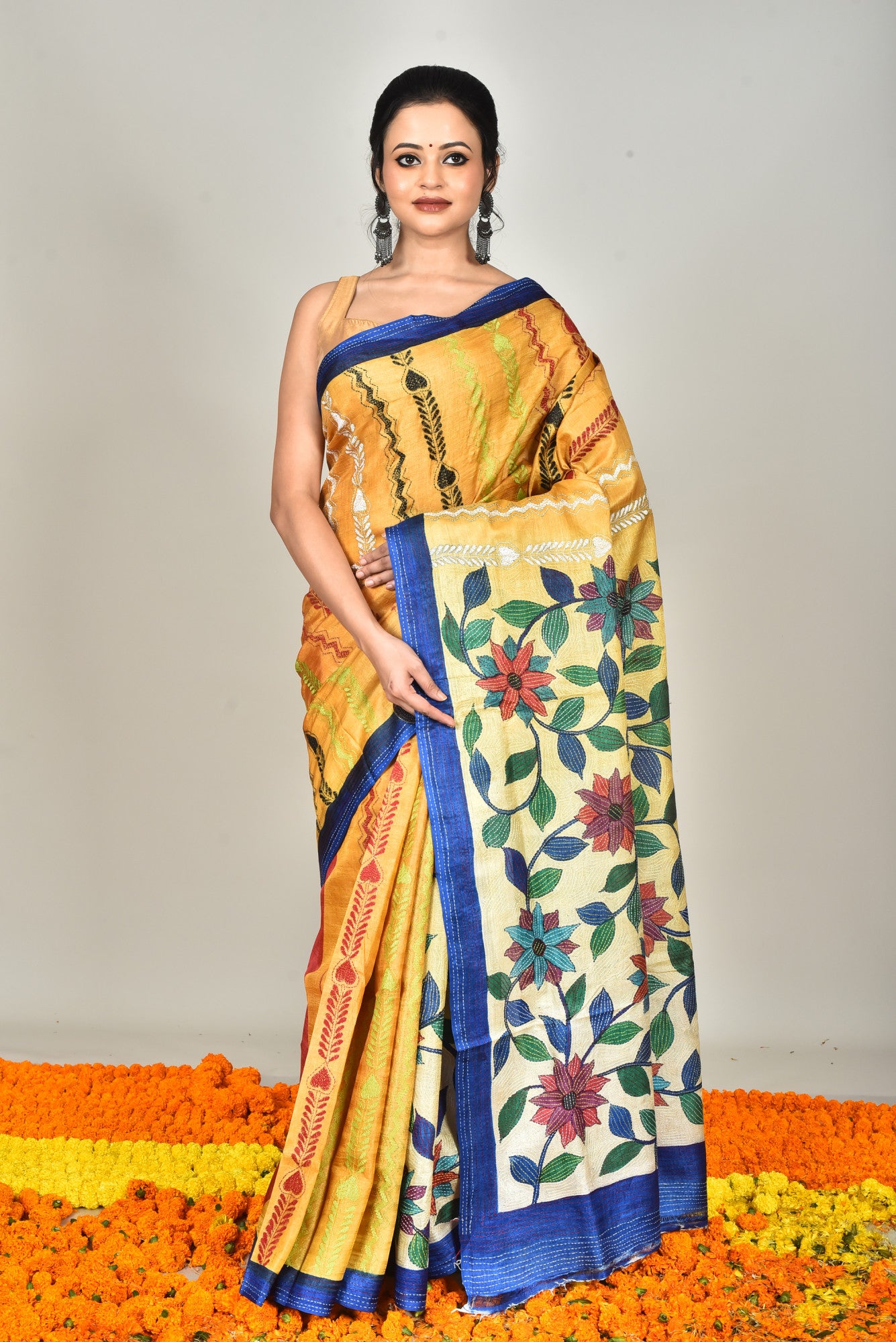 Tussar Hand Print Kantha Stitch Saree Multicolor