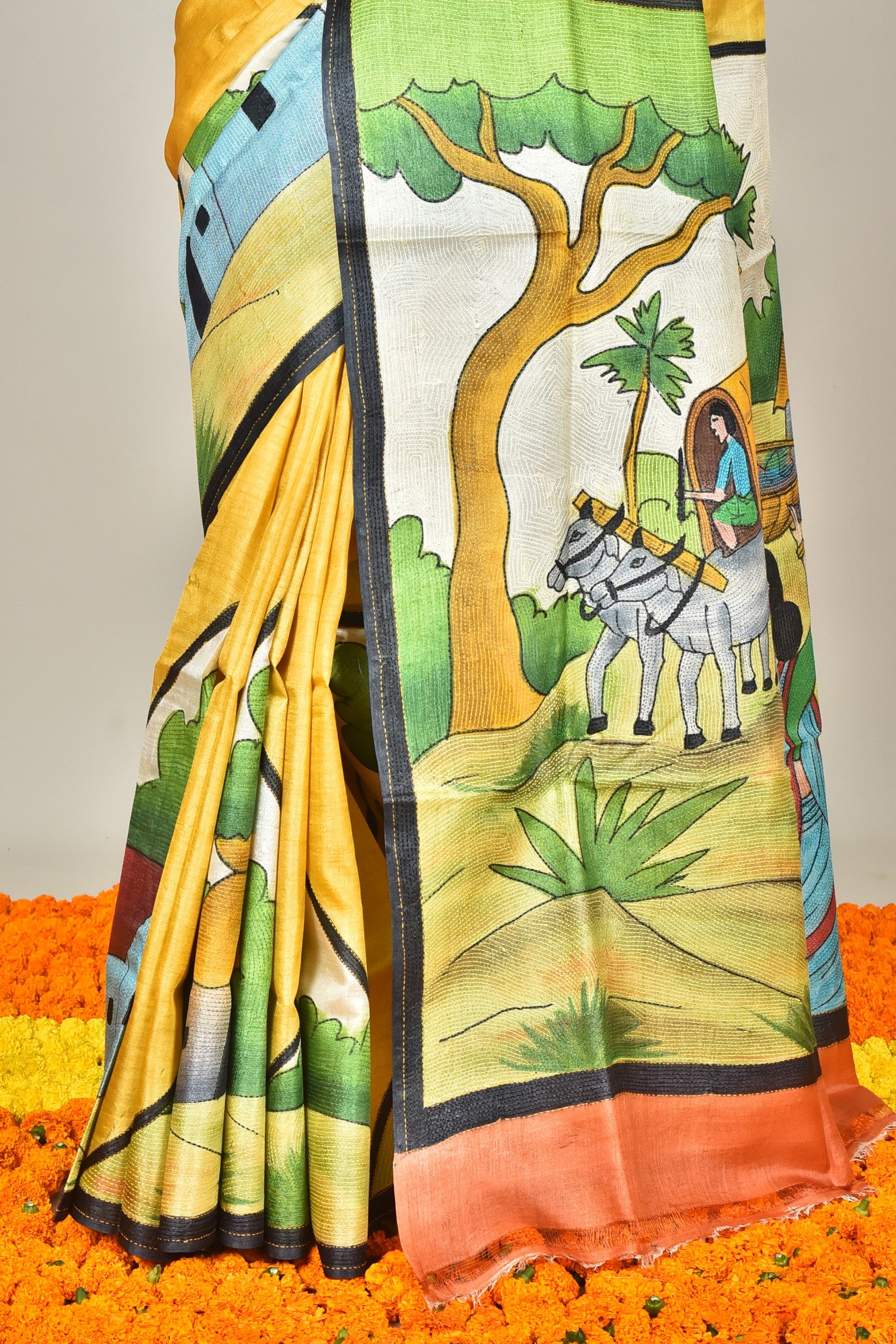 TUSSAR HANDPRINT  KANTHA SAREE