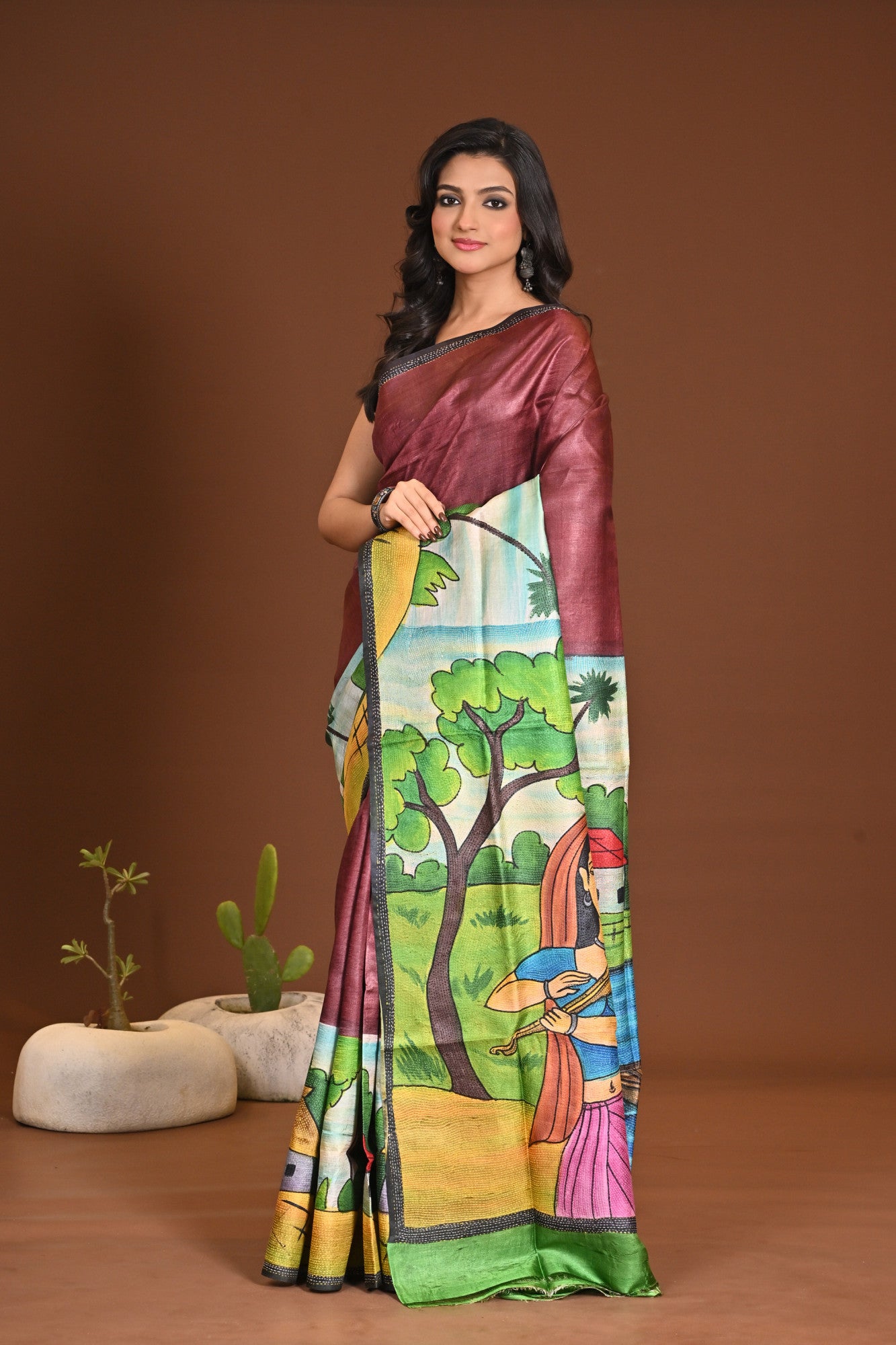 TUSSAR HANDPRINT KANTHA SAREE Thumbnail