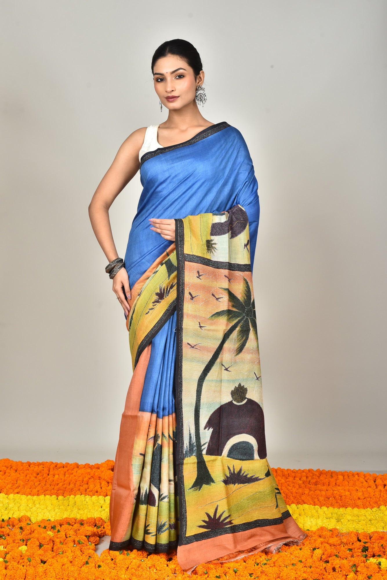 TUSSAR SILK HANDPRINT SAREE