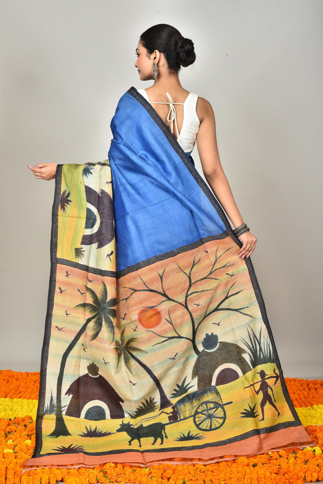 TUSSAR HANDPRINT KANTHA SAREE