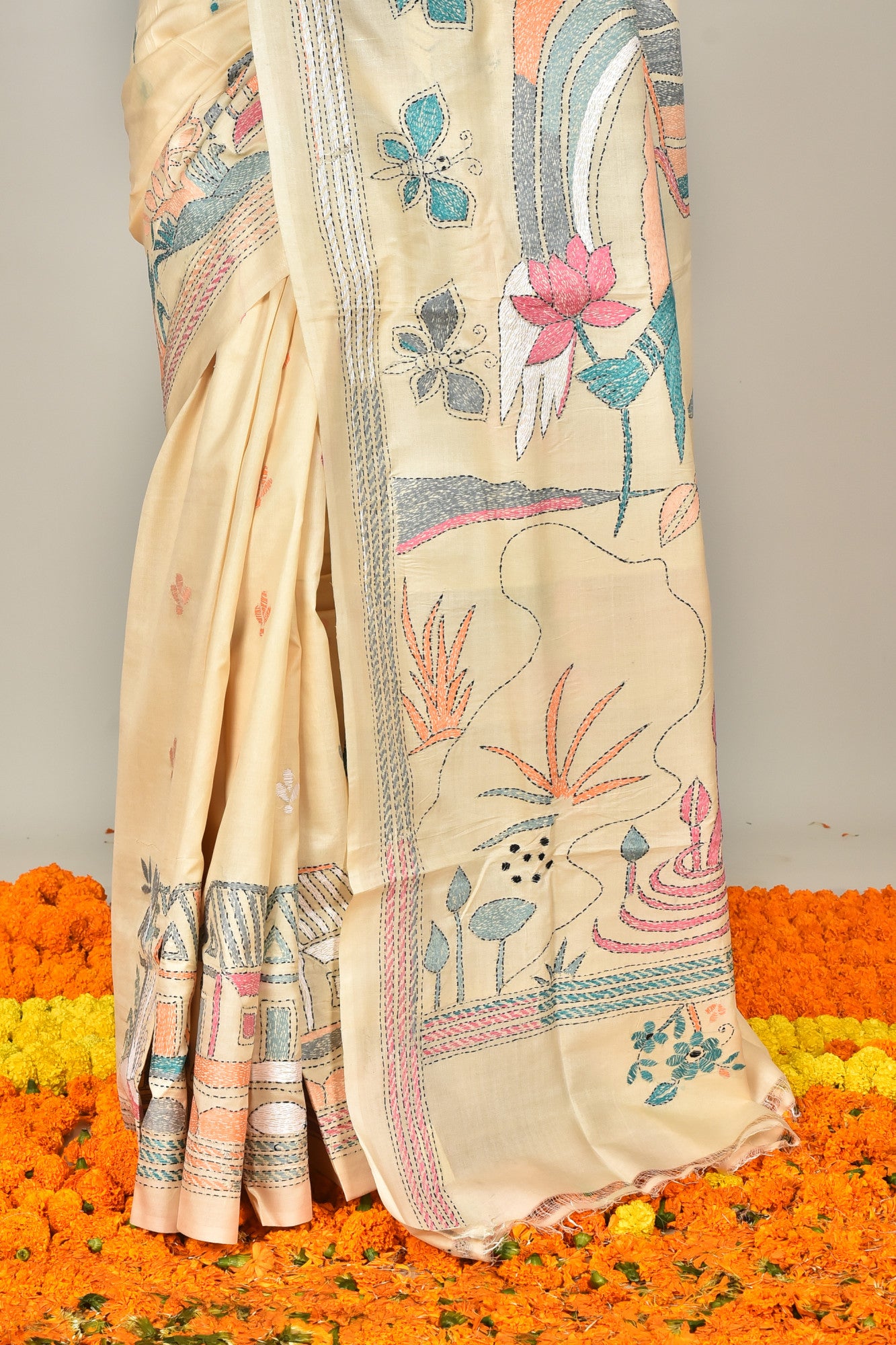 Tussar Silk Kantha Stitch Saree Thumbnail