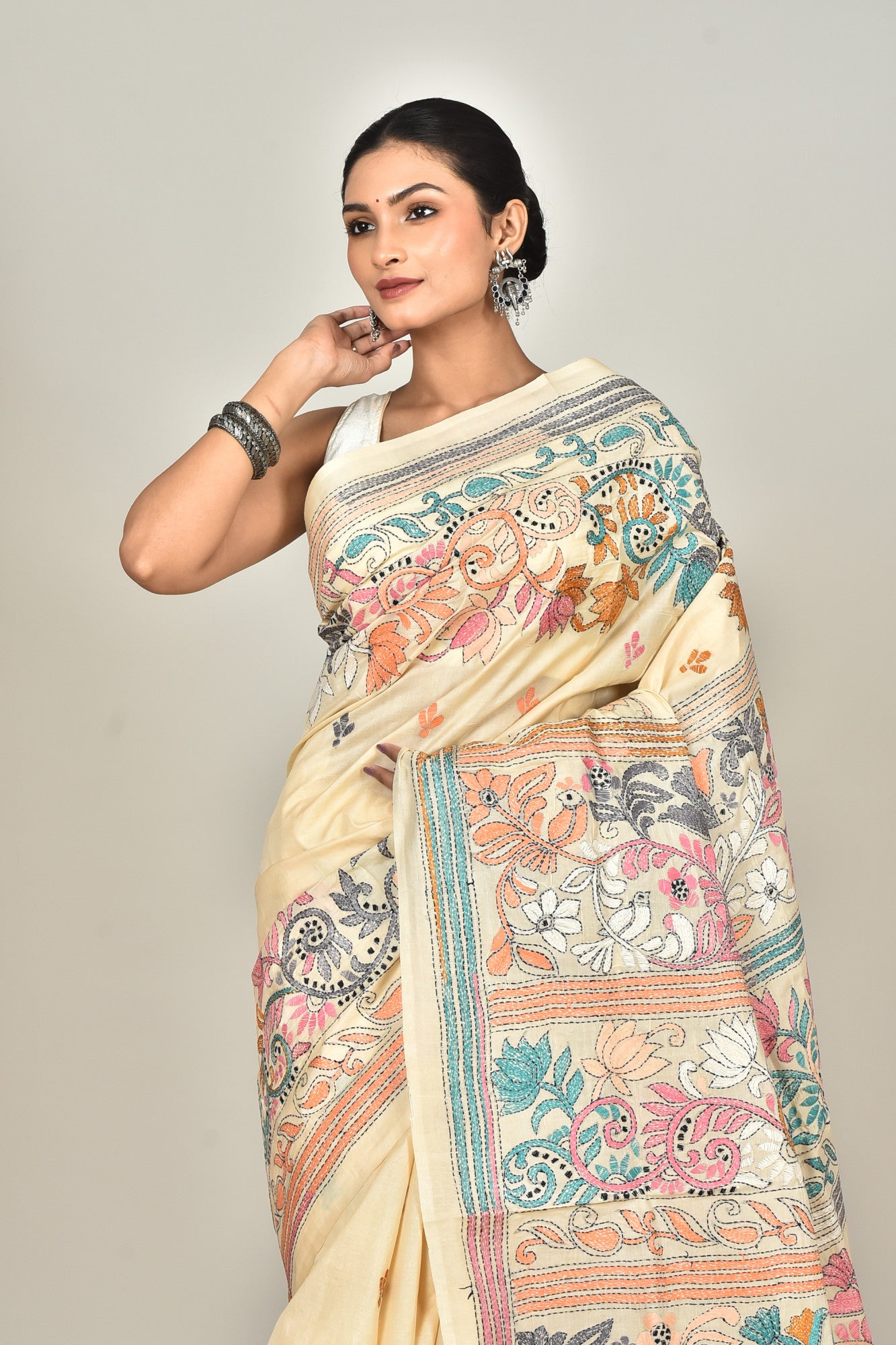 Tussar Silk Kantha Stitch Saree