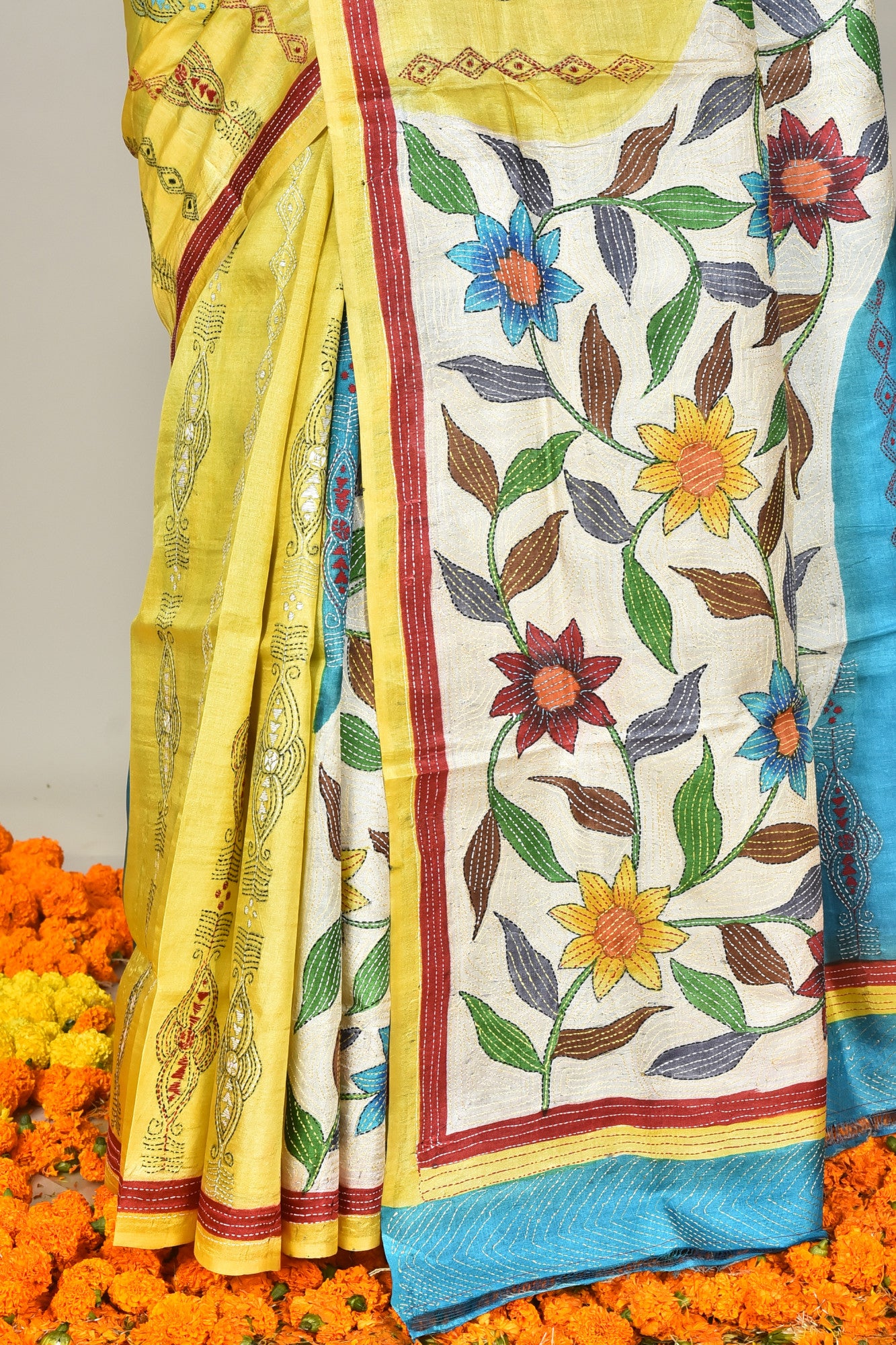 Tussar Silk Kantha Stitch Saree Multicolor Thumbnail