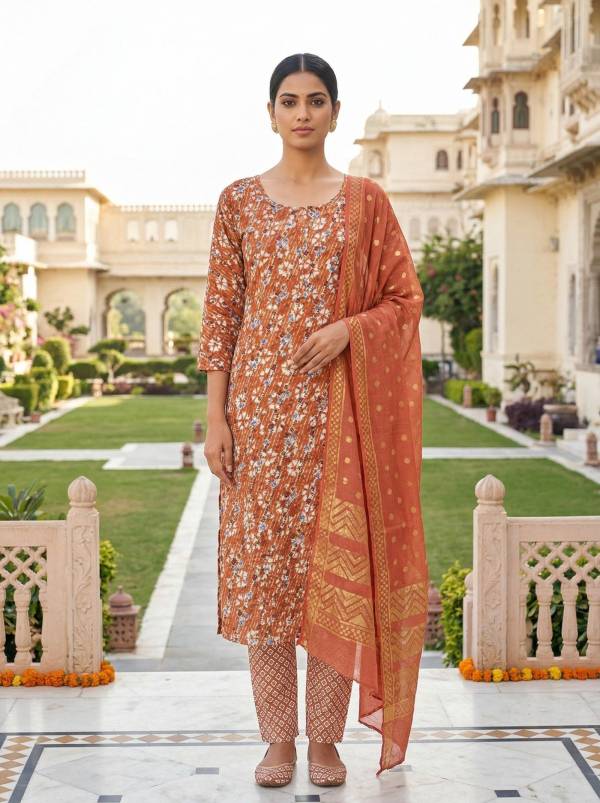 Rust Orange Cotton Printed Kurti Pant Dupatta Set (3 Pc Ethnic Set) (Copy)