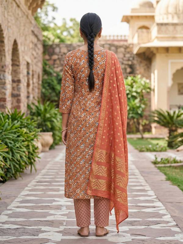 Rust Orange Cotton Printed Kurti Pant Dupatta Set (3 Pc Ethnic Set) (Copy) Thumbnail