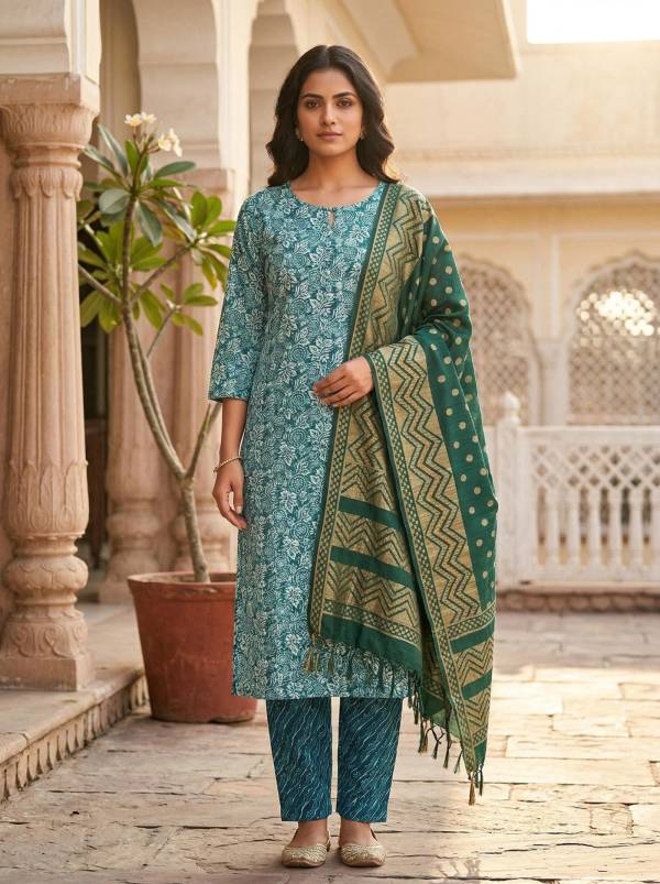 Teal Green Cotton Printed Kurti Pant Dupatta Set (3 Pc Ethnic Set) Thumbnail
