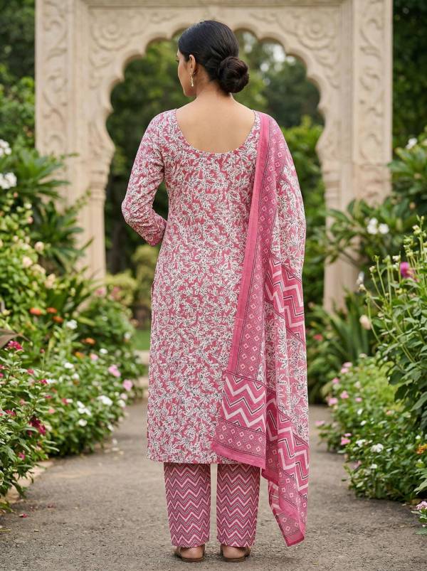Pink Cotton Printed Kurti Pant Dupatta Set (3 Pc Ethnic Set) Thumbnail