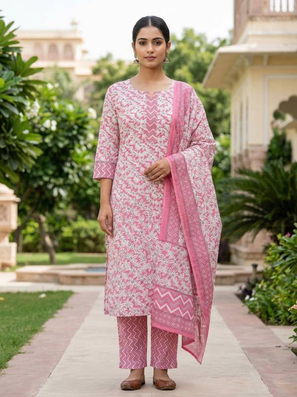 Pink Cotton Printed Kurti Pant Dupatta Set (3 Pc Ethnic Set)