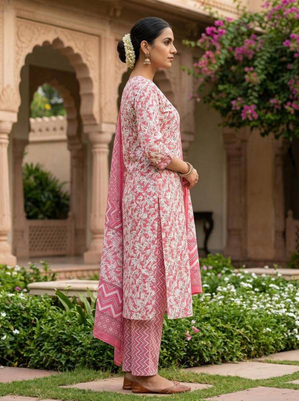 Pink Cotton Printed Kurti Pant Dupatta Set (3 Pc Ethnic Set) Thumbnail