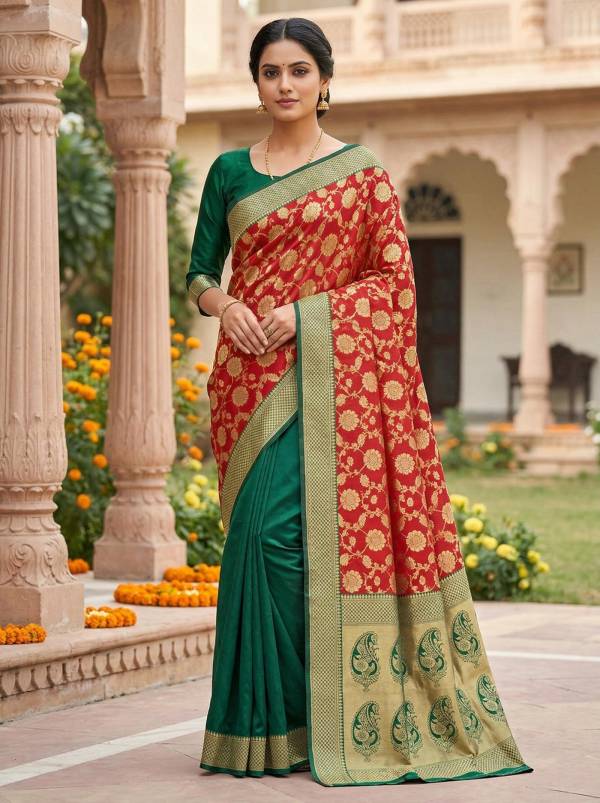 Red Green Traditional Banarasi Silk Saree Thumbnail