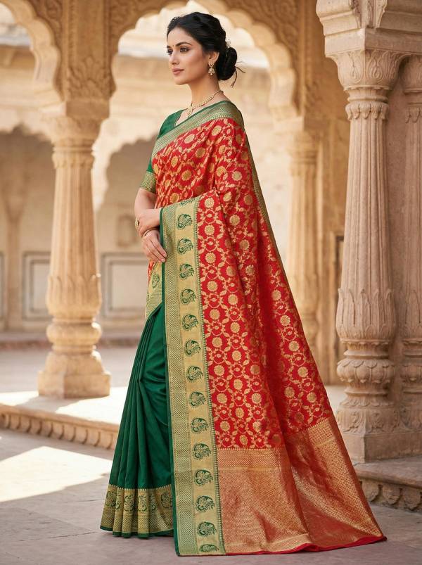 Red Green Traditional Banarasi Silk Saree Thumbnail