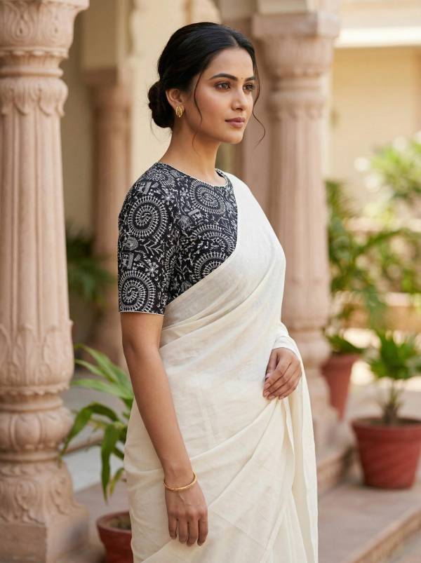 Black Madhubani Printed Cotton Blouse Half Sleeve (Size 30–42) Thumbnail