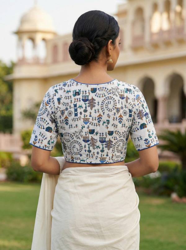 White Blue Madhubani Printed Cotton Blouse Half Sleeve (Size 30–42)