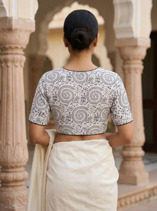 White Cotton Madhubani Printed Blouse Half Sleeve (Size 30–42) Thumbnail