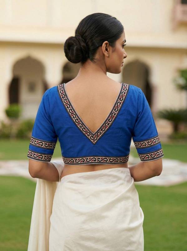 Royal Blue Cotton Saree Blouse – V-Neck, Front Hook (Sizes 30–42)