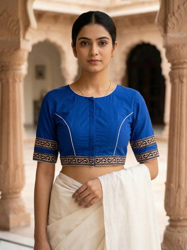 Royal Blue Cotton Saree Blouse – V-Neck, Front Hook (Sizes 30–42) Thumbnail