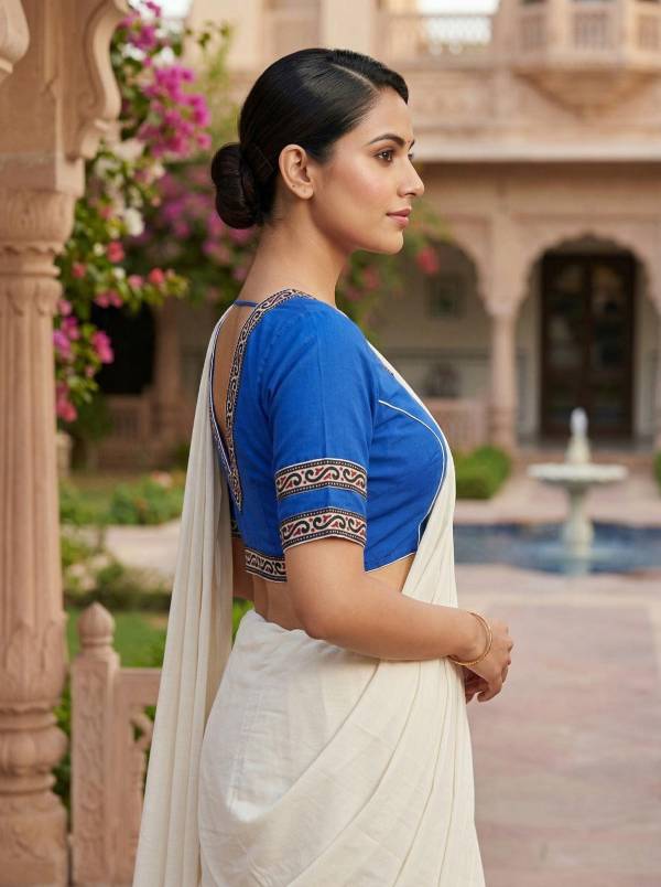 Royal Blue Cotton Saree Blouse – V-Neck, Front Hook (Sizes 30–42) Thumbnail