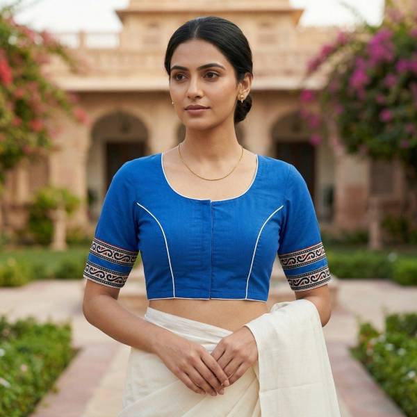 Royal Blue Cotton Saree Blouse – V-Neck, Front Hook (Sizes 30–42) Thumbnail